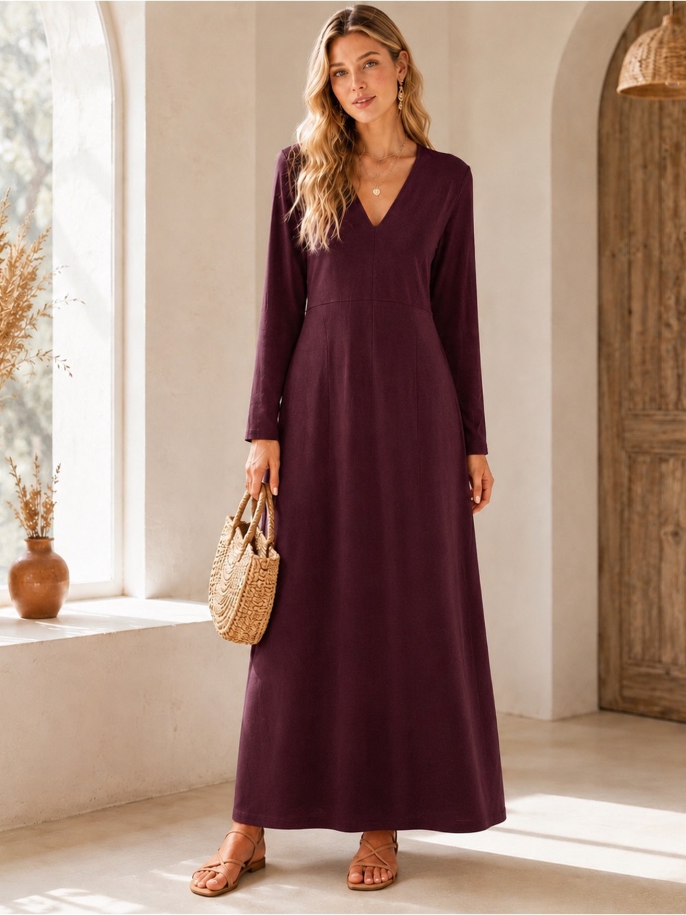 Zara Long-Sleeve V-Neck Maxi Dress in Plum